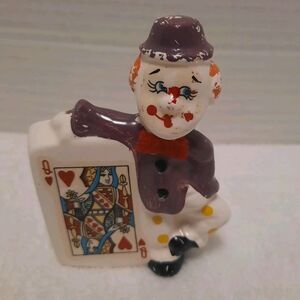 Vintage Ceramic Clown Figurine Queen of Hearts Card Kitsch Circus Decor Carnival